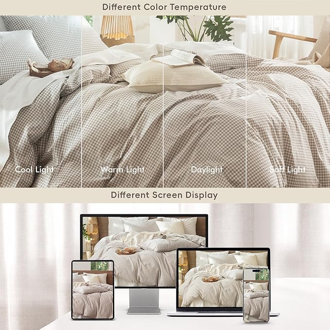 MooMee Gingham Duvet Cover Set 100% Washed Cotton Linen Like Textured Breathable Durable Soft Comfy Modern Checkered Design (Mini Gingham Tannish Linen Grey, Queen 90"x90")