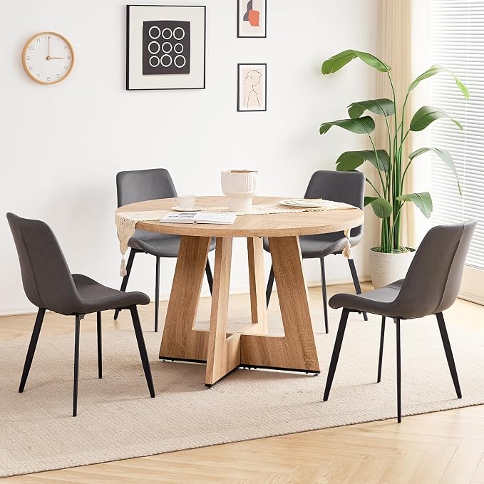 47 inch Round Dining Table Set for 4 with Chairs Kitchen Table and Chairs Set Mid-Century Modern Round Wood Kitchen Tables with Upholstered Synthetic Leather Chairs Set of 4