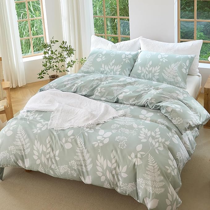 Nayoroom Floral Duvet Cover Queen Size White Green Botanical Flower Cottage Core Bedding Set 3 Pieces Soft Lightweight Microfiber Spring Aesthetic Duvet Cover Gift for Women