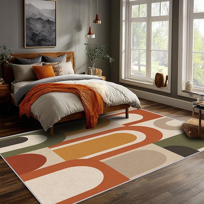 Mid Century Arch Area Rug 7x9, Terracotta Geometric Abstract Rug, Retro Modern Color Block Washable Low Pile Non Slip Rug for Living Room Bedroom