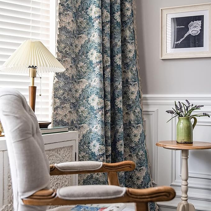 ENJOYBRIDAL Boho Jacquard Curtains 63 Inch Length 2 Panels Blue Floral Drapes for Living Room Farmhouse Semi Sheer Rustic Rod Pocket Window Curtain Panels with Tassel Bedroom Window Treatments