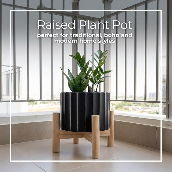 Ceramic Planter with Elevated Stand – Wood Indoor Plant Stand, Display for Greenery, Shelf or Patio Placement – Textured Modern Planter Pot for Elevated Display, Home Decor, Outdoor Decor – 6", Black