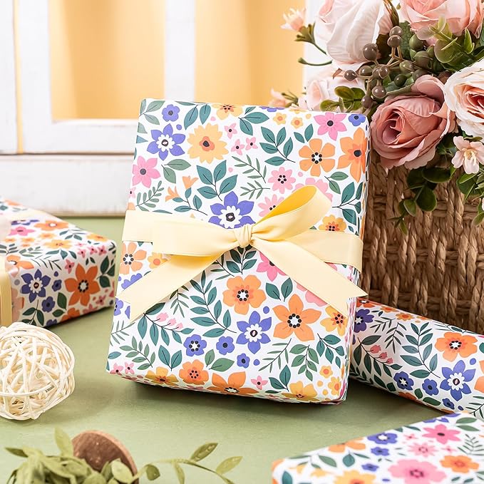 WRAPAHOLIC Kraft Floral Wrapping Paper Roll - Mini Roll - 17 Inch x 33 Feet - Ditsy Flower Wrapping Paper, Perfect for Wedding, Birthday, Bridal Shower, Tea Party