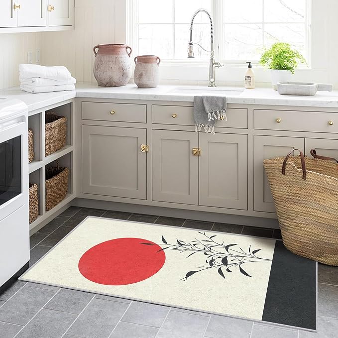 Japanese Runner Rug 2x8, Black and Grey Red Sun Design, Zen Asian Area Rug Washable Hallway Rugs Non-Slip Floor Carpet Runner for Bedroom, Narrow Hallway, Kitchen Aisle