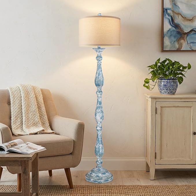 PARTPHONER Vintage Floor Lamp for Living Room, Rustic Farmhouse Standing Lamp with Rotary Switch and Linen Shade, Retro Resin Floor Lamp for Bedroom, Corner, Dining Room, House Decor, Wash Blue