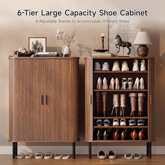 ONBRILL 6-Tier Shoe Cabinet with Sliding Door, Wooden Shoe Storage Cabinet with Adjustable Shelves, Mid-Century Modern Freestanding Shoe Storage Organizer for Entryway, Hallway, Living Room, Walnut
