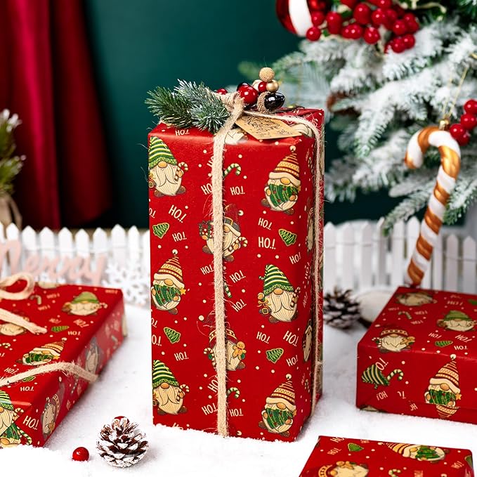 Yarcony Gnomes Christmas Wrapping Paper, Kraft Red Wrapping Paper, Recyclable Funny Gnome Thick Christmas Gift Wrap for Holiday Gifting, Festive Winter Celebrations (Mini Roll, 17 Inch X 33 Feet)