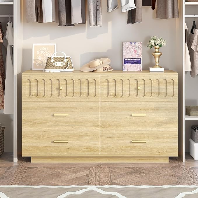 IBF Modern Fluted 6 Drawer Dresser for Bedroom, Fluted 55 Inch Chest of Drawers for Kid Adult Closet, Large Wood Clothes Storage Dresser with Anti-Tipping Device for Living Room Hallway, Oak