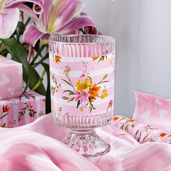 Burymento Pink Striped Flower Wrapping Paper, Reversible Pink Love Design Gift Wrap for Baby Shower, Birthday, Valentines, Mothers day, Graduation, Wedding, Fathers day, Christmas (17 Inch X 32.8 Feet)