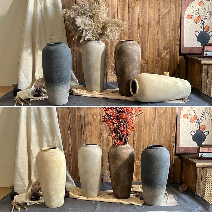 15 Inch Farmhouse Ceramic Rustic Vase, White Grey Flower Vases for Centerpieces & Home Decor, Handmade Pottery Vases for Living Room, Bedroom & Wedding Decor, Vintage Ceramic Vase for Gifts