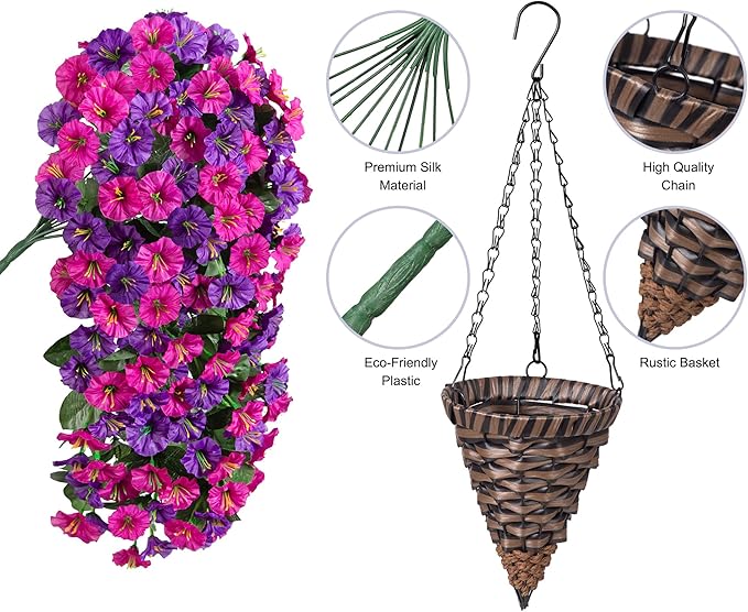 Artificial Fake Hanging Flowers in Basket for Outdoor Indoor Decoration,UV Resistant Faux Silk Dark Purple and Fuchsia Morning Glory Plants Realistic Hanging Planter for Outside Home Porch Yard