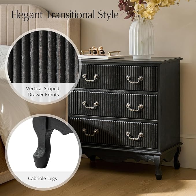 HULALA HOME Transitional Side Table Set of 2 with 3 Drawers and Charging Station, 28" Solid Paulownia Wood Sidetable with Vertical Stripe, Charcoal