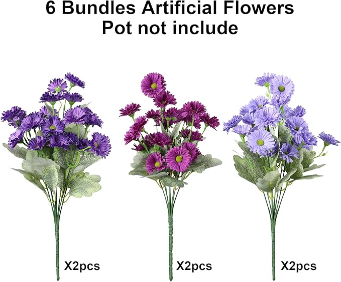 HyeFlora Dahlia Artificial Flowers for Outdoors Winter Decoration, 6 Bundles Fake Daisy Faux Plants Realistic UV Resistant Silk Flowers for Outside Planter Front Door Yard Garden Indoor Home, Mix