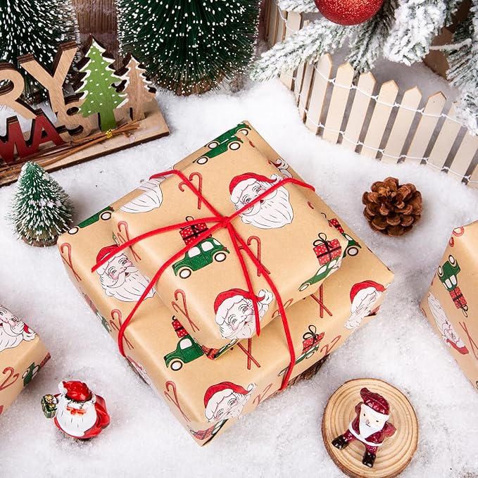 Yarcony Kraft Christmas Wrapping Paper Roll, Brown Vintage Santa Wrapping Paper, Funny Santa, Truck & Candy Cane Pattern Thick Christmas Gift Wrap for Holiday Gift Packaging (17 Inch X 33 Feet)
