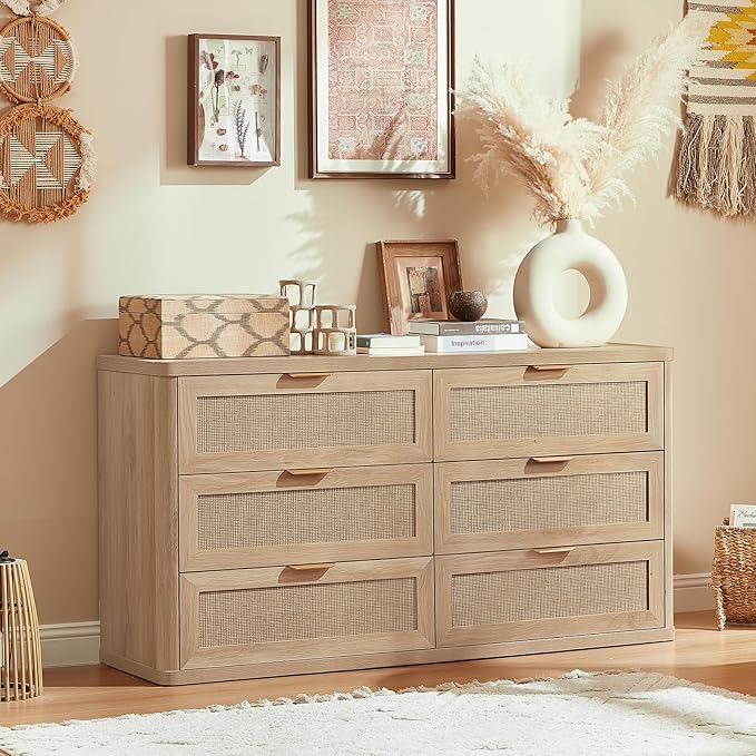 LEYAOYAO Rattan 6 Drawer Dresser for Bedroom, Boho 54" Wide Natural Wood Dresser Chest of Drawers, Dressers TV Stand with Metal Handle, Storage Dressers Closet Organizer for Living Room, Hallway