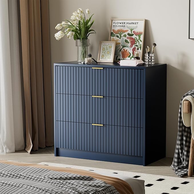 Navy Blue Dresser for Bedroom, Modern Dresser with 3 Drawers and Smooth Slides, Wide Chest of Drawers with Golden Handles for Bedroom, Living Room, Closet, 15.7" D x 31.5" W x 29.6" H