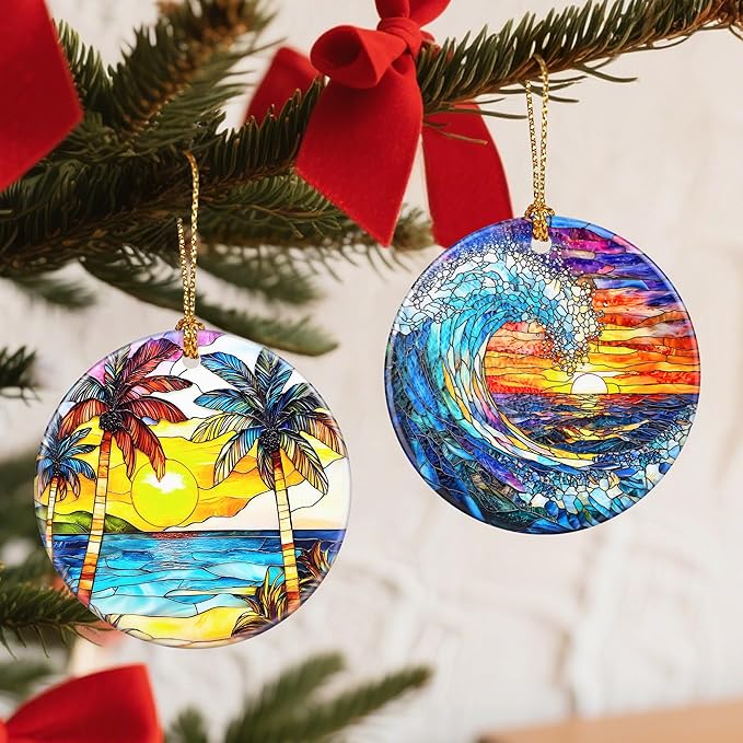 Christmas Ornaments, 2.8 Inch Ceramic Hanging Ornament, Christmas Tree Ornaments, Xmas Decorations, Holiday Decorations, Holiday Party Gifts, and Xmas Gift Ideas - Sunset On The Beach