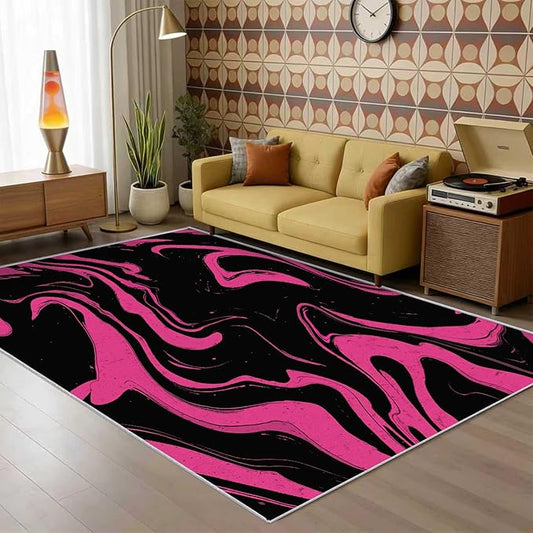 70s Rug Large 7x10 Retro Black Pink Abstract Hippie Pattern Area Rugs for Living Room, Bedroom, 70s Home Decor Accessories Indoor Carpet, Non Slip & Machine Washable, GD0391