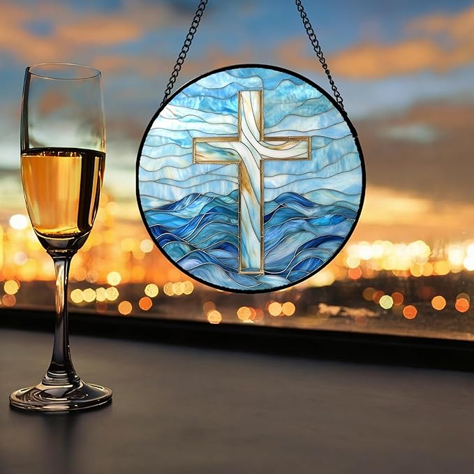 Christian Gifts for Women - Blue Cross Stained Glass Window Hanging Jesus Easter Ocean Waves Sun Catcher Garden Religion Decor Mother's Day Catholic Gift for Men Grandma Mom Her Nana 6.3"