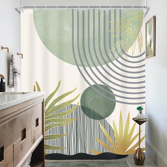 KOMLLEX Mid Century Mint Green Boho Shower Curtain 60Wx72L Inches Abstract Modern Shower Curtains for Bathroom Decor Plant Botanical Minimalist Arch Sun Fabric Liner Waterproof Polyester 12 Pack Hooks