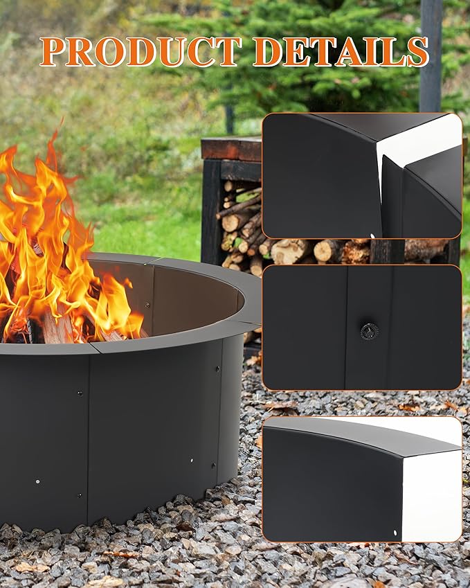 BPS 36 Inch Fire Pit Ring, Heavy Duty Metal Round Fire Pit for Outdoor DIY Wood Burning, Backyard, Camping, Patio Bonfire