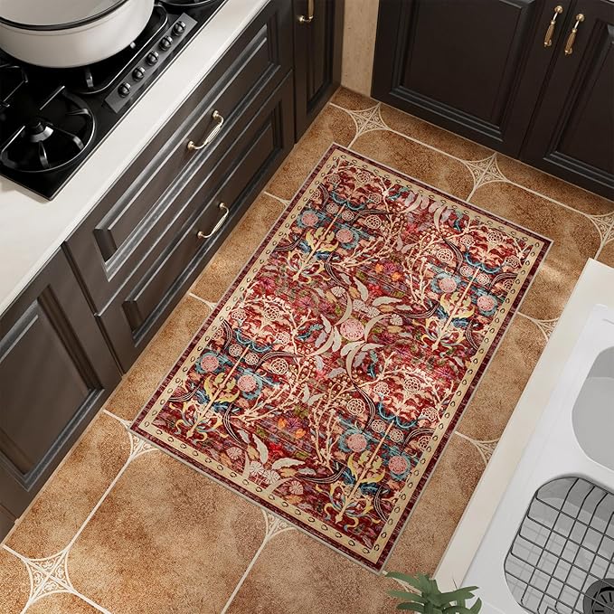 AMTOVO 2x3 Washable Indoor Welcome Door Mat, Vintage Boho Floral Distressed Print Non-Slip Area Rug, Small Throw Rugs for Entryway Indoor Entrance Kitchen Bathroom Laundry Bedroom Floor, Red