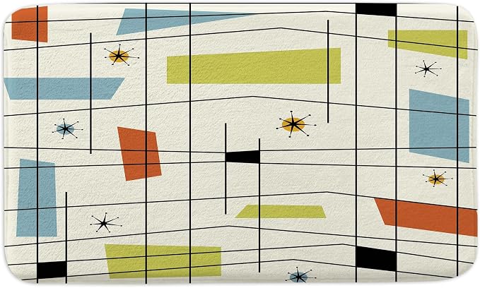 Mid Century Kitchen Rug Bath Rug, Aesthetic Abstract Geometric Mid Century Bath Mat Rug, Teal Blue Retro Grid Starbursts 1950S 1960S Modern Minimalist Floor rug mat for Kitchen/Bathroom,16X24Inch
