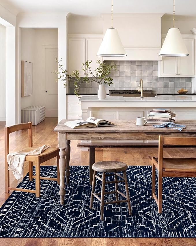 Wonnitar Moroccan Washable 9x12 Rug, Large Blue Rugs for Bedroom, Non-Slip Soft Living Room Area Rug, Boho Non-Shedding Ultra-Thin Floor Carpet for Dining Guest Room Home Office (Blue,9'x12')