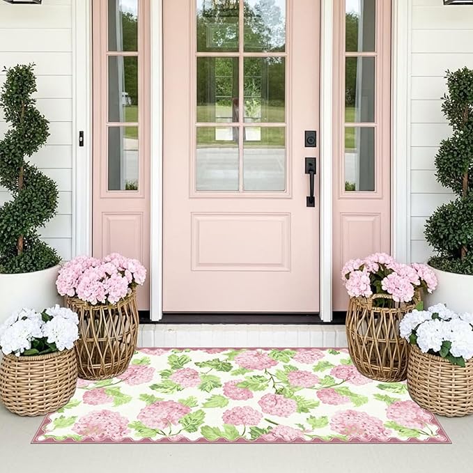 Front Door Mat Indoor Entrance - 2x4.3 Ft Spring Washable Layered Doormat Outdoor Entrance Porch Rug Non-Slip Pink White Floral Scalloped Runner Rug for Kitchen Bedroom Mudroom Porch Decor