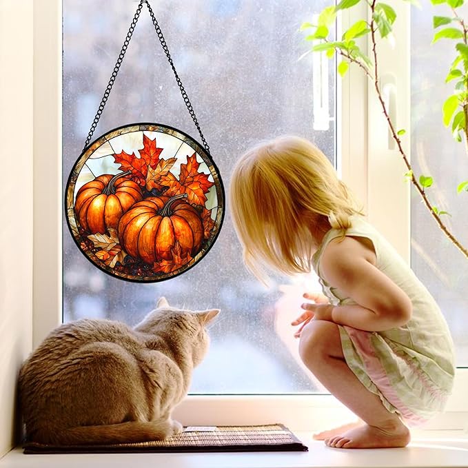 Stained Glass Window Hanging, Pumpkin Maple Leaf Suncatcher for Doors Home Sun Catchers Decoration and Christmas, Mother's Day Birthday Gifts for Women, Men, and Mom 7.8 in