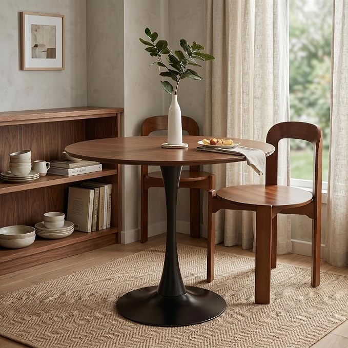 Walnut Round Dining Table, 31.5" Modern Kitchen Table with Pedestal Metal Base, Mid Century Tulip Table for Small Spaces, Apartment, Living Room, Coffee & Breakfast Nook Table, Black Base