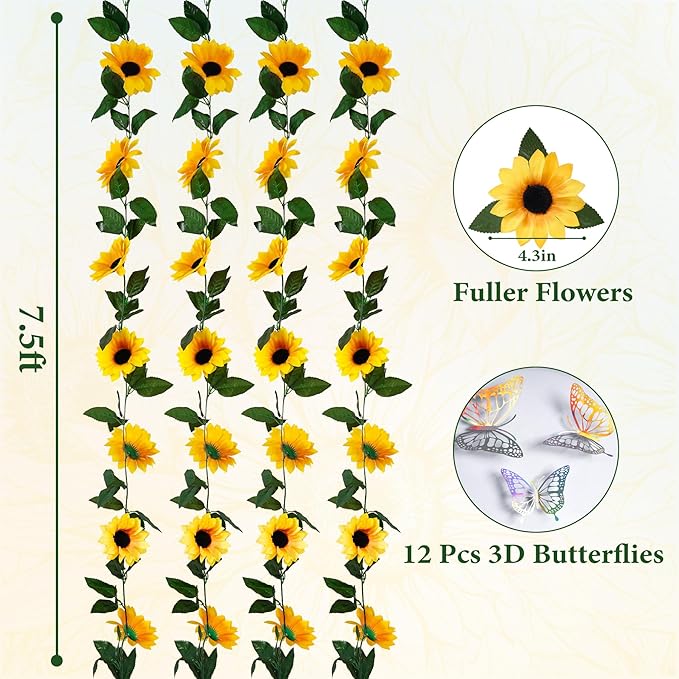 4 Pack Sunflower Garland Fall Girasoles Decorations,7.5ft Silk Artificial Sunflowers Fake Hanging Vines with Green Leaves Garland for Birthday Backdrop Outdoor Wedding Decor