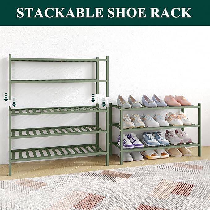 Smiry Bamboo Shoe Rack for Closet, 4 Tier Wooden Stackable Shoe Organizer, Free Standing Shoes Storage Shelf for Entryway, Front Door Entrance, Green