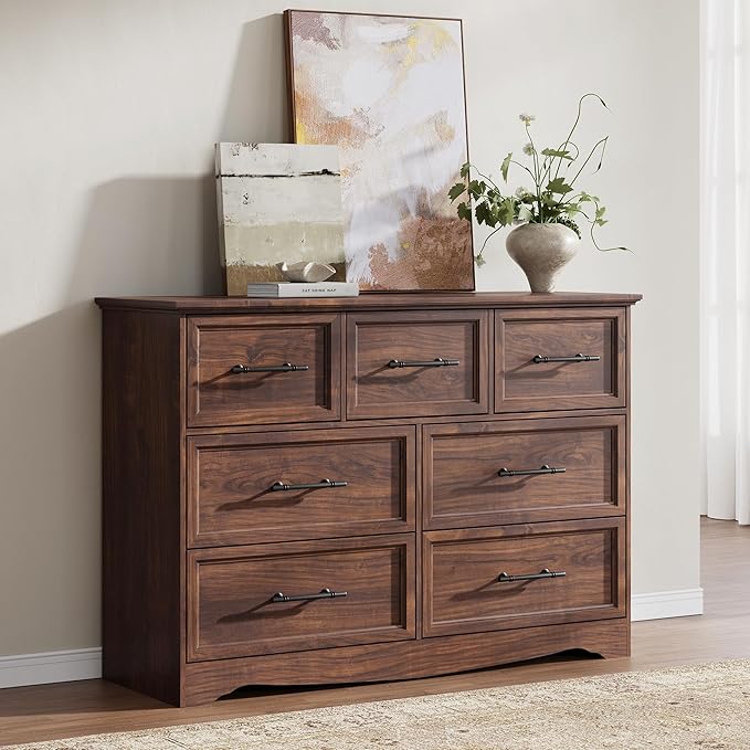 Walnut Dresser for Bedroom, Modern 7 Chest of Drawers, 47" Wide 7 Drawer Dresser with Brushed Metal Handle, Wood Closet Organizers and Storage Cabinet for Bedroom, Living Room, Hallway