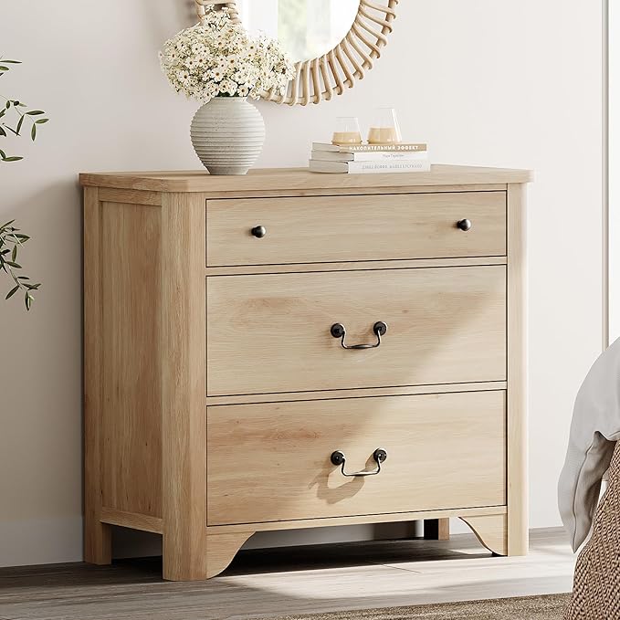 WAMPAT 3 Drawer Dresser, 31.5 Inch Wood Nightstand with Storage, Modern Oak Dresser Wood Chest of Drawers with Curved Profile Design for Bedroom, Living Room