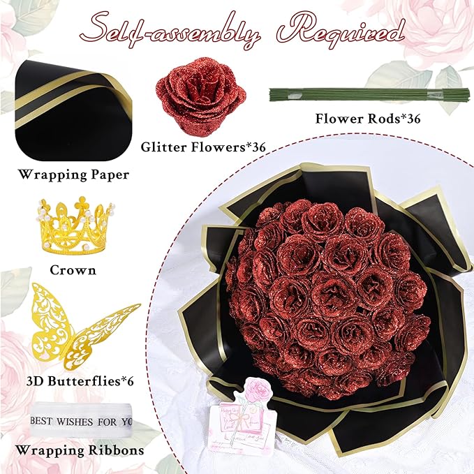 Waipfaru 36 Pcs Glitter Roses Bouquet, DIY Fake Flowers Bouquet, Artificial Red Rose Bouquet for Valentines, Mothers Day Gifts, Anniversary, Engagement, Wedding