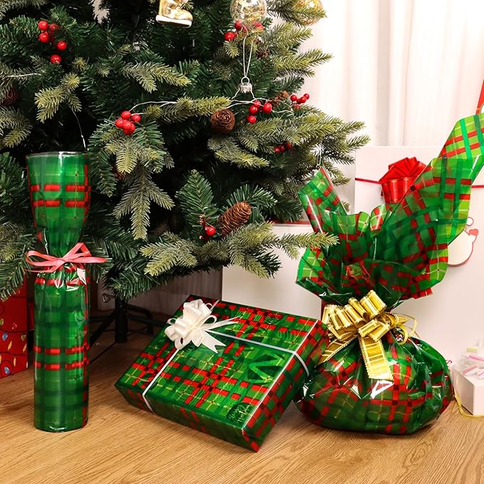 CMFYHM Christmas Cellophane Wrap Roll (34" x 100’Ft) 3 Mil Thicken Long Film Gift Wrappings for Baskets, Box,Wine, Christmas Decor