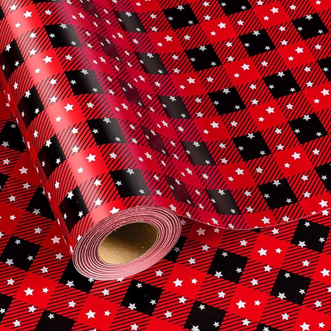 MAYPLUSS Wrapping Paper Roll 17in* 32.8 feet Red and Black Plaid with White Star for Christmas,Birthday,Party,Holiday,Vintage Wrapping Paper for all Occassions (TTL:46.8sqft)
