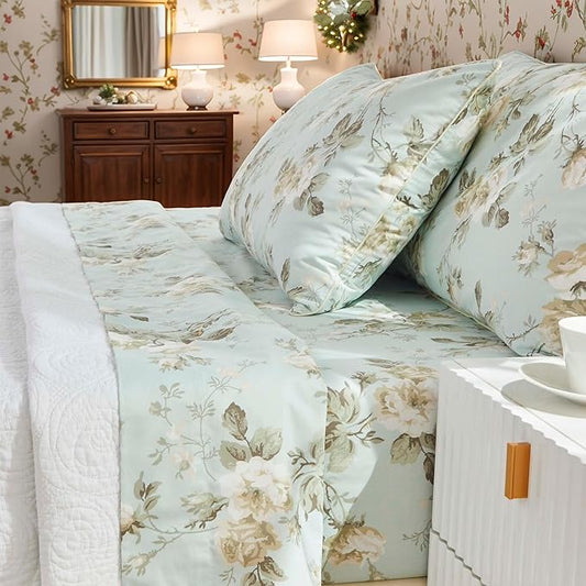 Brandream French Country Garden Toile Floral Print Bed Sheet Set Luxury Bedding Collections 800TC 100% Egyptian Cotton Tapestry Pattern Chinoiserie Peony Blossom Tree Branches, 4Pcs-Queen Size