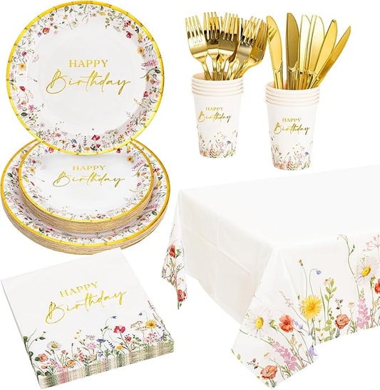 Crisky Wildflower Birthday Plates and Napkins set Women/Men Floral Disposable Tableware Set of 24 for Birthday Party Decorations (Plates, Napkin, Cups, Tablecloth, Knife & Fork)