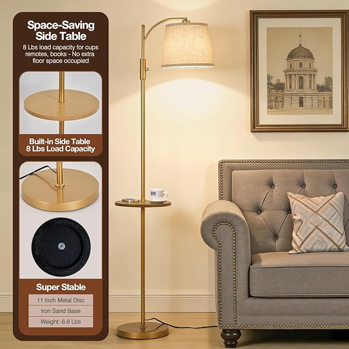 AIDENOEY Fully Dimmable Floor Lamp for Living Room，Standing Lamp Rotary Switch with Table&Linen Beige Shade，Golden Tall Lamps for Bedroom with Adjust Head，9W LED Bulb Included