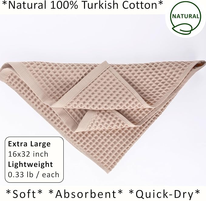 PÜSKÜL Natural 100% Turkish Cotton Waffle Kitchen Towels Set of 3 | Oeko-Tex, Premium Waffle Hand Towels for Bathroom | Soft Absorbent Quick-Dry Lint-Free Dish Towel Large 32x16 inch (3, Beige)