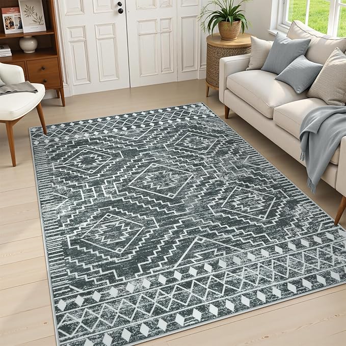 Wonnitar Moroccan 6x9 Area Rugs, Washable Grey Rugs for Living Room, Large Soft Bedroom Throw Rug, Non-Slip Stain Resistant Thin Boho Floor Carpet for Dining Room Home Office Decor (Dark Grey,6'x9')