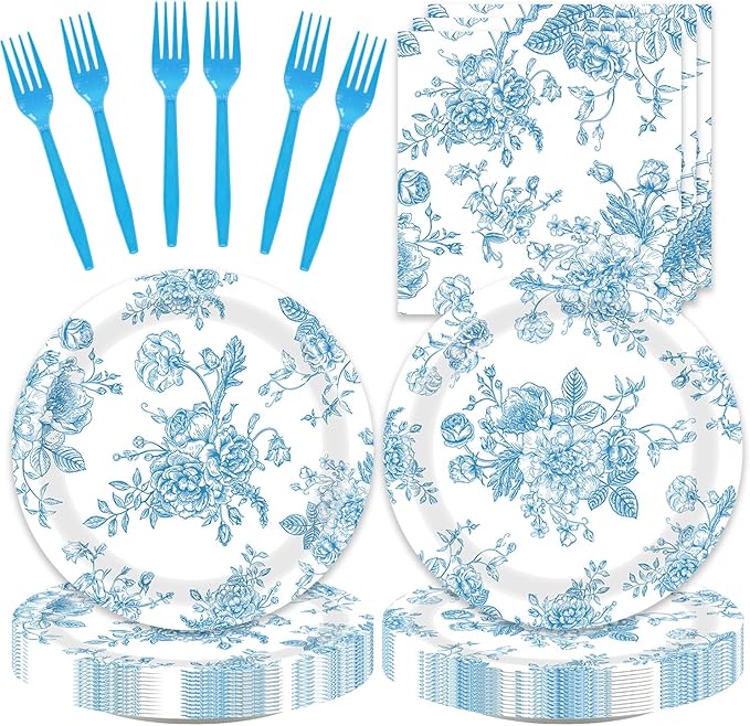 48PCS Blue and White Floral Party Decorations Dessert Plates Napkins Forks Serve 16 Guests