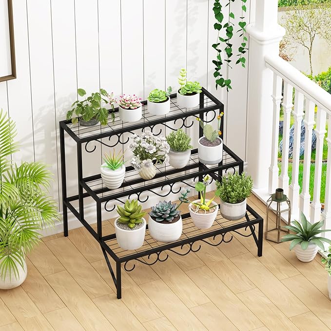 3 Tier Metal Plant Stand Outdoor Indoor, Heavy Duty Flower Pot Holder Display Shelf,Multifunctional storage rack for Patio Garden Livingroom Bedroom,Black