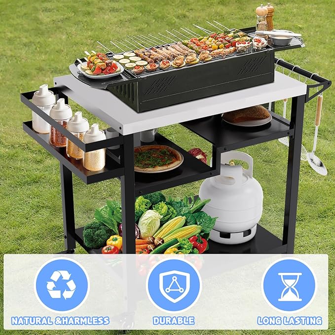 MEXMIODY Outdoor Grill Table, Multi-Function Pizza Oven Stand, Three-Shelf Food Prep and Work Cart Table, Heavy Duty Grill Cart for Party, Bar, Camping