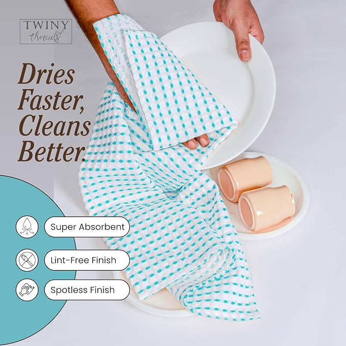 TWINY threads Waffle Kitchen Towels 4 Pack, 100% Cotton 16x26 Dishcloth Set, Highly Absorbent & Quick Dry Tea Towels for Drying Dishes, Cleaning Counters & Everyday Use, Aqua Blue, White