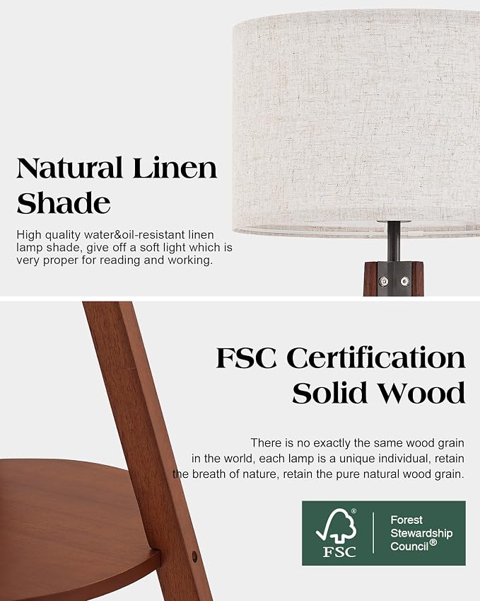 ELYONA Mid Century Floor Lamp with 3 Color Temperatures LED Bulb, Modern Wood Tripod Table Reading Standing Light, Wooden Shelf Floor Lamp for Farmhouse Living Room Bedroom Office Linen Shade Brown