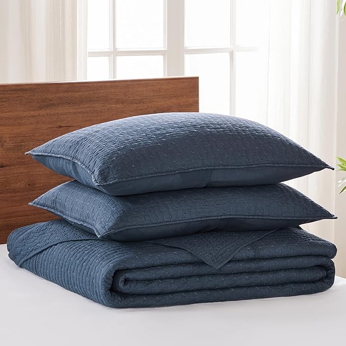 Levtex Home Cross Stitch Reversible Full Bedspread Set (100x104in) with 2 Pillow Shams (26x20in) - Stitch Texture - Navy - 100% Cotton Full Size Bedspread Set - Lightweight, Soft, Pre-Washed