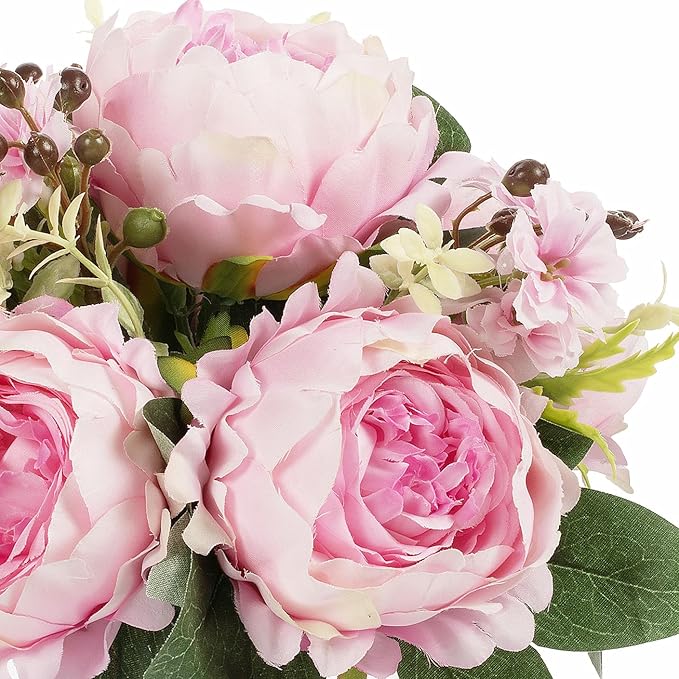 ENOVA FLORAL Artificial Flower Arrangement with Vase,Mixed Artificial Fake Silk Peony Flower in Vase for Decoration Home Office, Wedding Centerpiece (Dark Pink01)